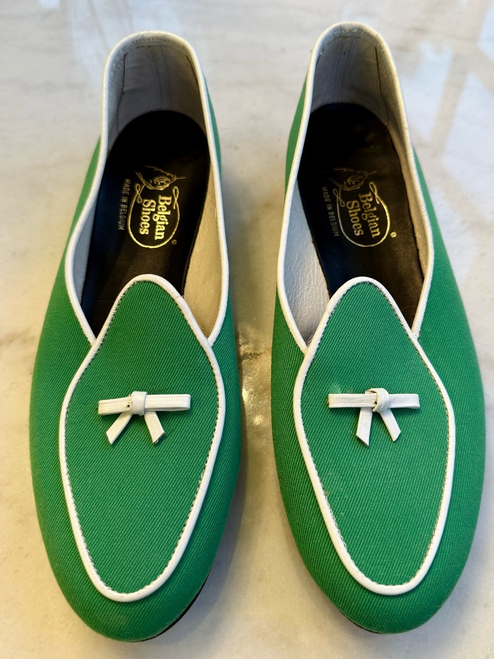 Women's Belgian Shoes: 7.5 Kelly green fabric loafers with white leather trim.